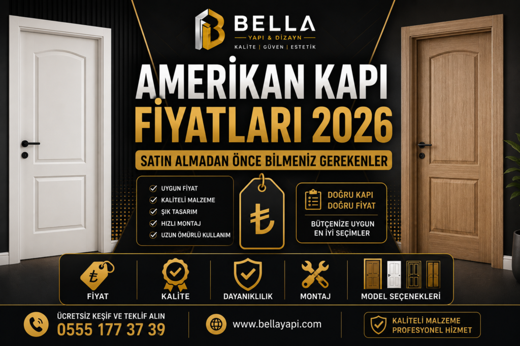 Amerikan kapı fiyatları 2026 rehberi, Amerikan kapı modelleri, fiyatları ve satın alma önerilerini gösteren Bella Yapı & Dizayn kapak görseli.