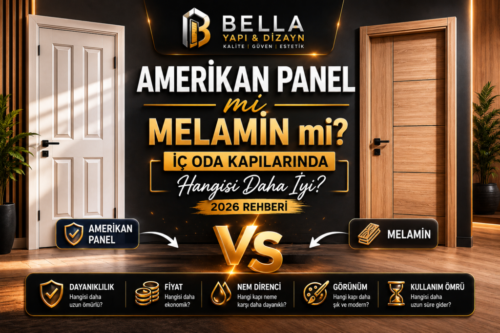 Amerikan panel mi melamin mi? İç oda kapılarında dayanıklılık, fiyat, nem direnci ve kullanım ömrü karşılaştırması. Bella Yapı & Dizayn kapı seçimi rehberi.