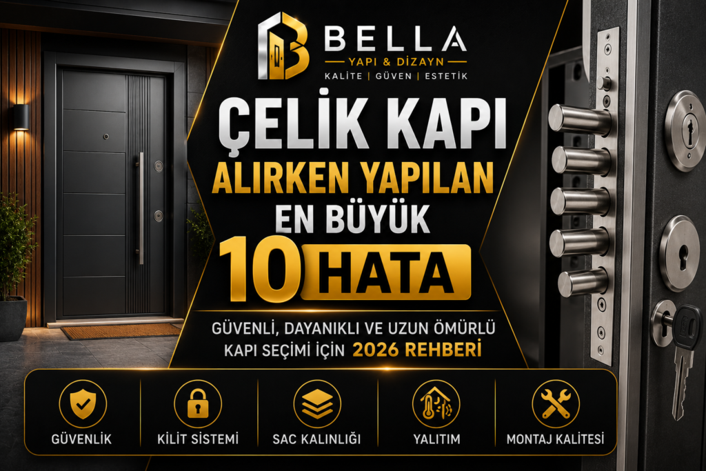 Çelik kapı satın alırken yapılan en büyük hatalar ve doğru seçim kriterlerini anlatan Bella Yapı & Dizayn blog görseli.